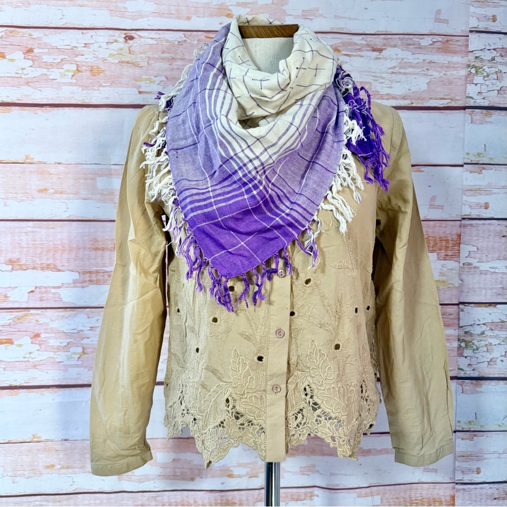 VINTAGE Purple & Ivory Windowpane Fringe Scarf